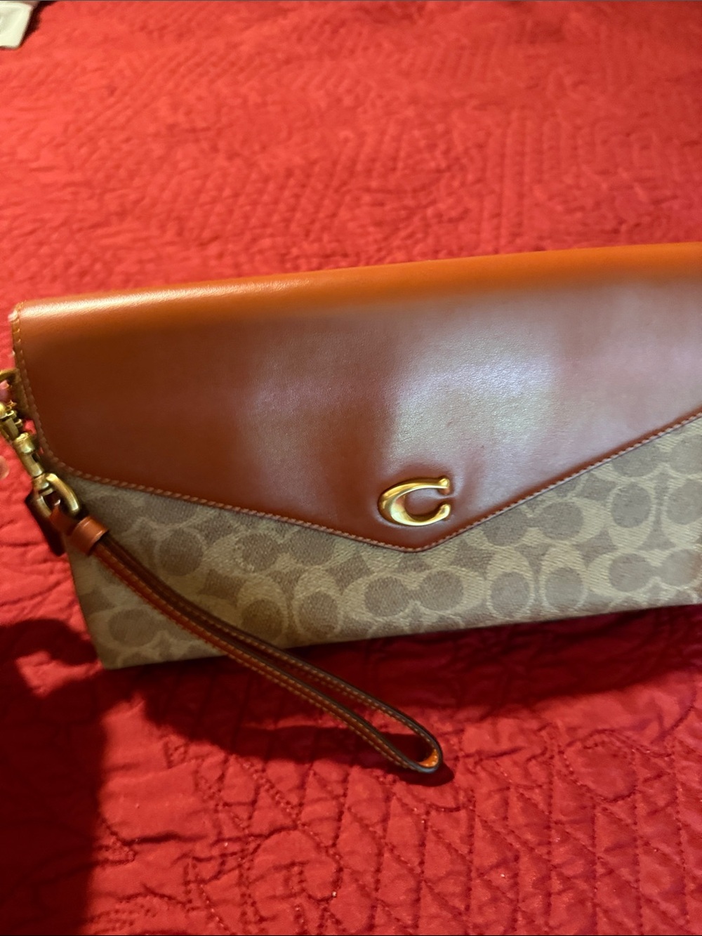 Coach Brown Leather & Signature Canvas Wristlet Clutch - Picture 2 of 15